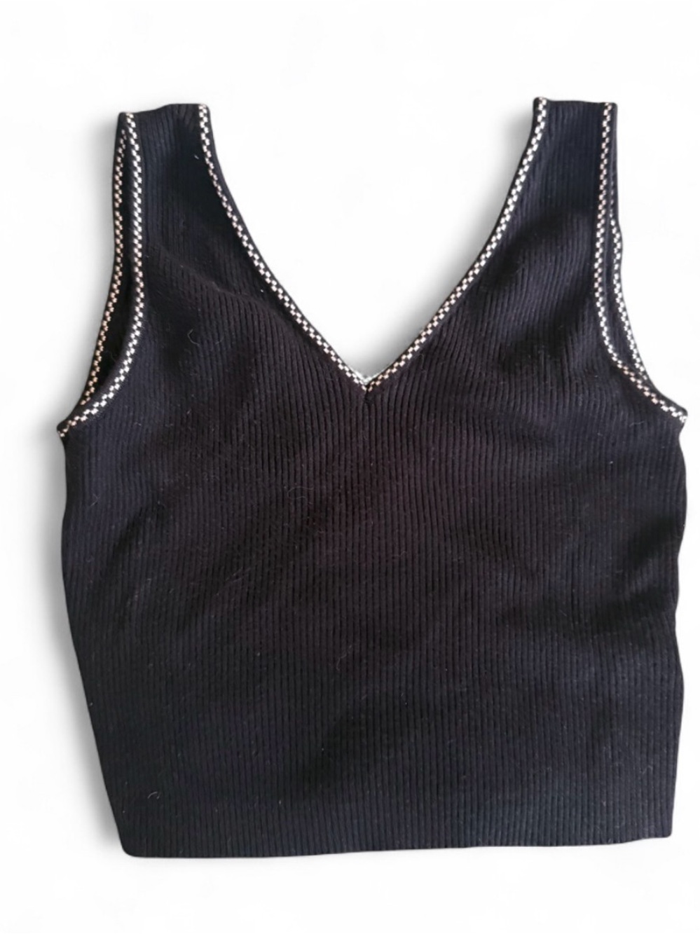 Caroline Constas Black Ribbed V-Neck Tank with White Contrast Trim